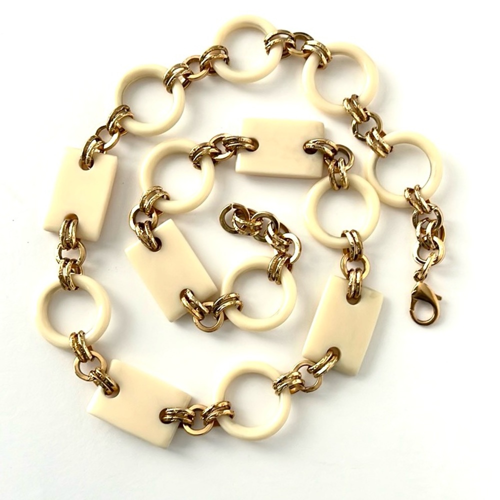 Trifari Cream Lucite Geometric Shapes & Gold Tone links Adjustable Belt Necklace